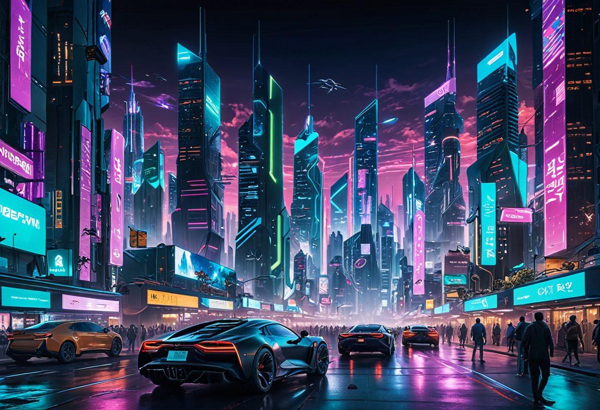 A futuristic city skyline illuminated with advanced technology, featuring flying cars and neon lights. In the foreground, a diverse group of people interacts with cutting-edge gadgets, showcasing augmented reality glasses and smart home devices. Bright, vibrant colors enhance the energetic atmosphere, while sleek architectural designs reflect the innovation theme. Art style: cyberpunk, vibrant colors.