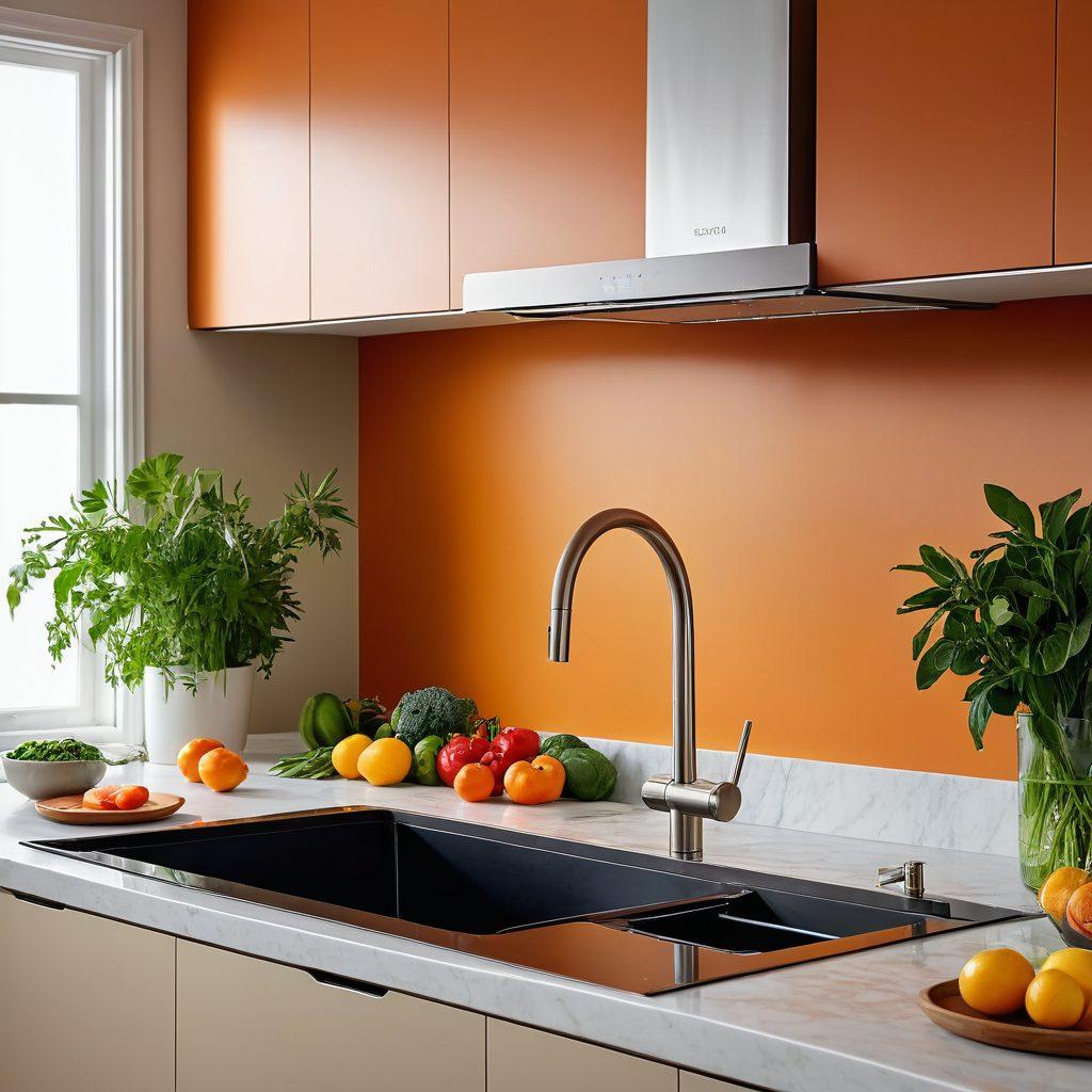 An inspiring scene showcasing a modern kitchen filled with innovative gadgets, with a person effortlessly cooking while using a smart assistant. Include wellness elements like a plant-based dish, fitness tracker on the counter, and dynamic lighting that conveys a sense of exploration and discovery. Emphasize a feeling of efficiency and luxury that transforms daily life. super-realistic. vibrant colors. clean background.